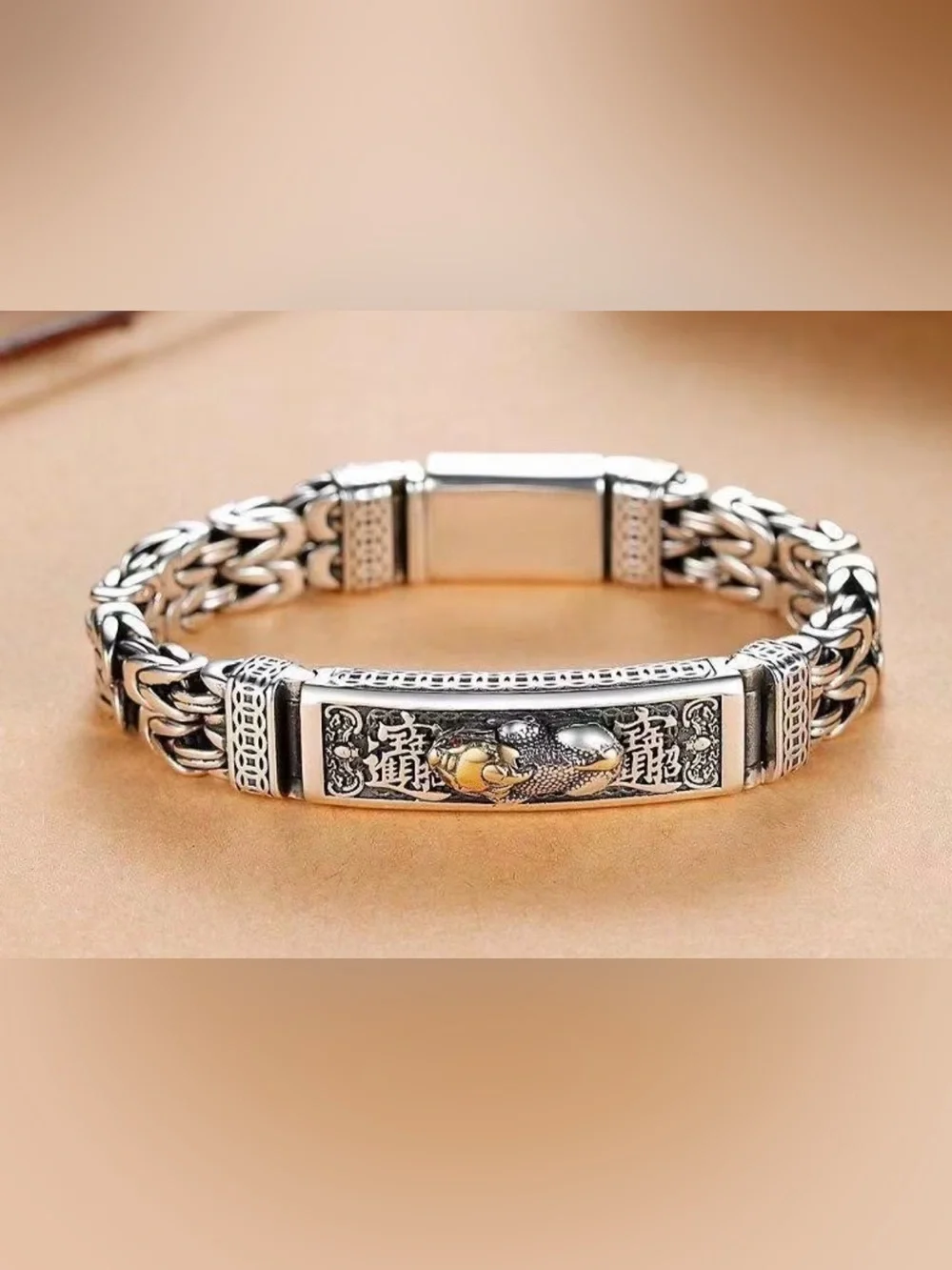 Men's Sterling Silver Bracelet with Gold Accent Dragon Panel 925 silvery plated